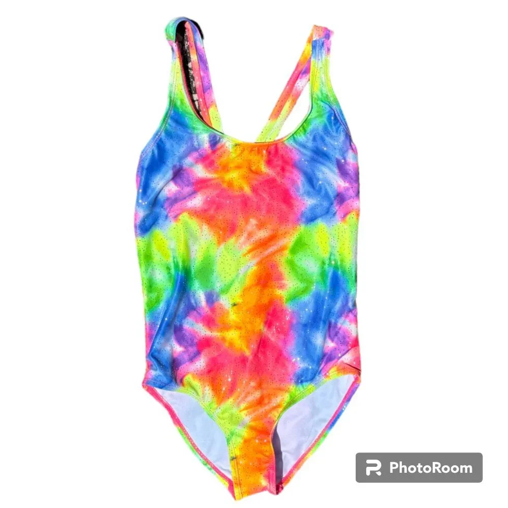 bmagical by btween‎ Girl's Rainbow Tie Dye Sparkle 1 piece Swimsuit sz 12 NWOT